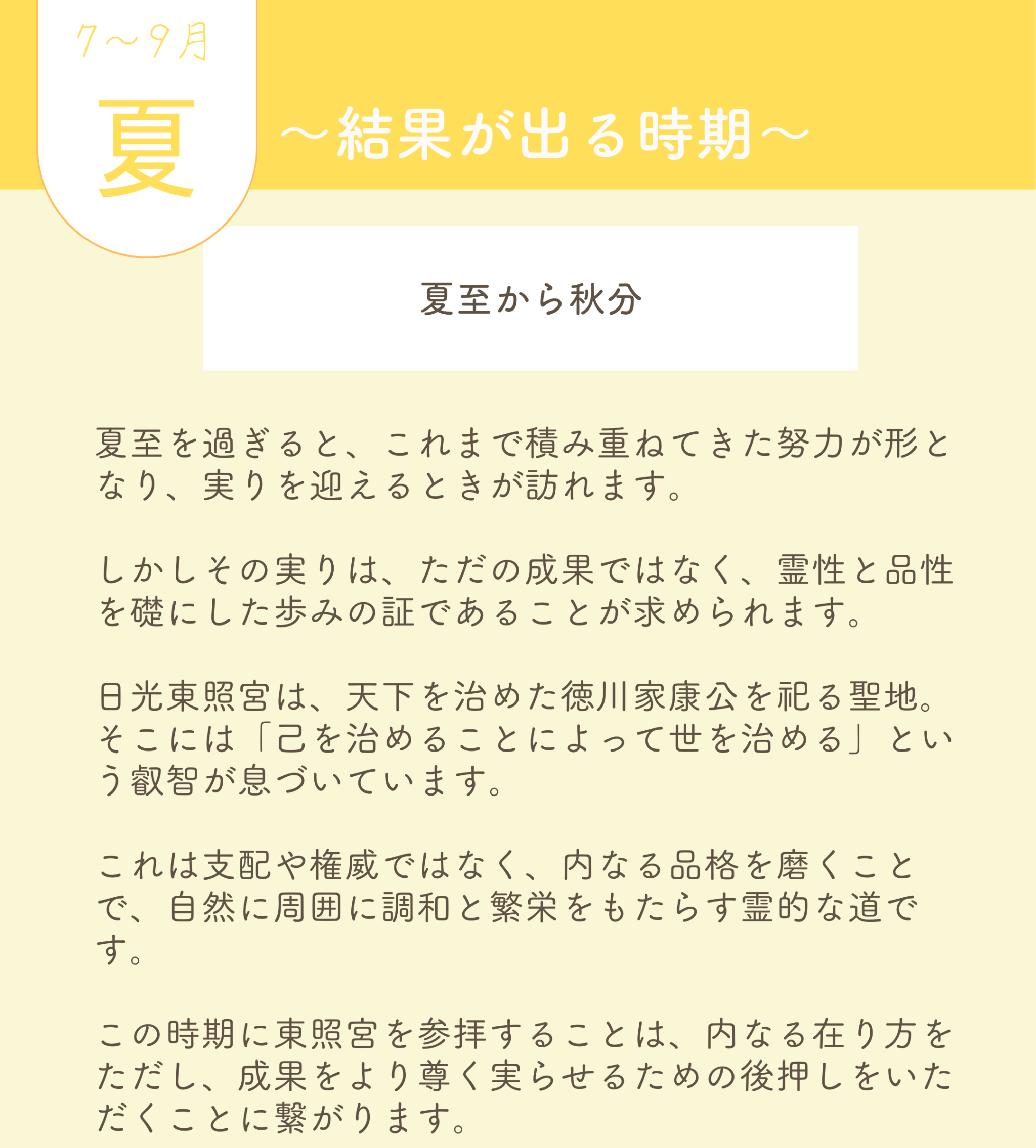 🟪神社巡り　夏　7月から9月 ――　夏至〜秋分 〜結果が出る時期〜 夏至を過ぎると、これまで積み重ねてきた努力が形となり、実りを迎えるときが訪れます。 しかしその実りは、ただの成果ではなく、霊性と品性を礎にした歩みの証であることが求められます。 日光東照宮は、天下を治めた徳川家康公を祀る聖地。 そこには「己を治めることによって世を治める」という叡智が息づいています。 これは支配や権威ではなく、内なる品格を磨くことで、自然に周囲に調和と繁栄をもたらす霊的な道です。 この時期に東照宮を参拝することは、内なる在り方をただし、成果をより尊く実らせるための後押しをいただくことに繋がります。